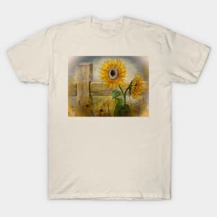 Watercolor Sunflower and Old Fence T-Shirt